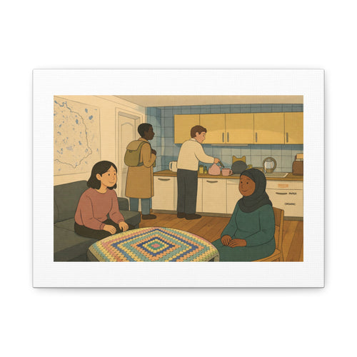 Cozy Kitchen Gathering Matte Canvas Print — Diverse Friends Illustration, 1.25" Stretched